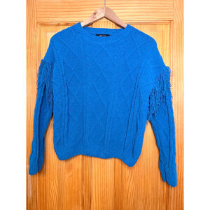 Women's Witty Foy Blue Cable Knit Fringe Crew Neck Sweater S